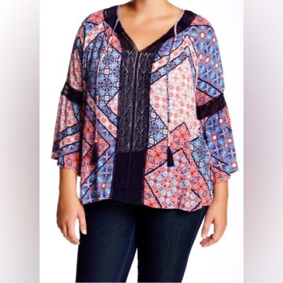 NWT Jessica Simpson Alaya 3/4 Sleeve Patchwork Lace Peasant Top in Bandana Large - Picture 2 of 13